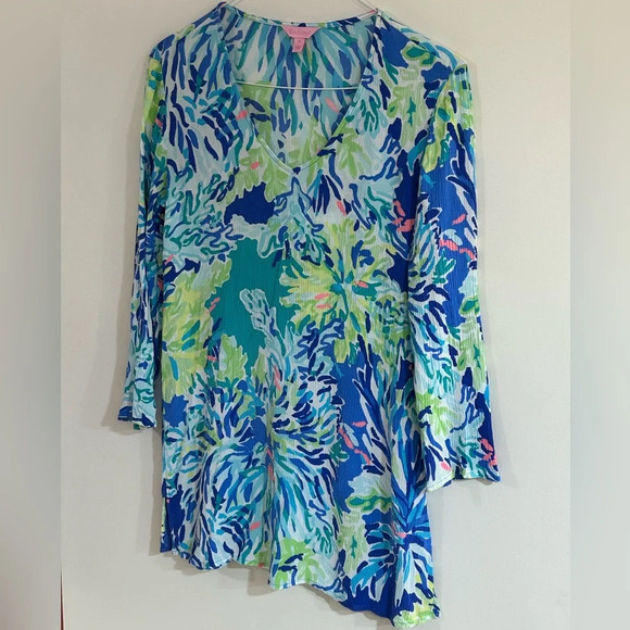 Lilly Pulitzer Sz M Lantana Tunic Top Wade & Sea Crinkle Gauze V-Neck Coverup - Picture 7 of 10